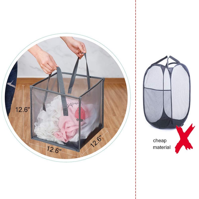 HONOMA Mesh Popup Laundry bags Hamper with Handles,Portable Durable Collapsible Storage Easy Folding Pop-Up Clothes Hampers Basket Foldable for Kids Room College Dorm or Travel (Grey,Single-Layer) - Image 3